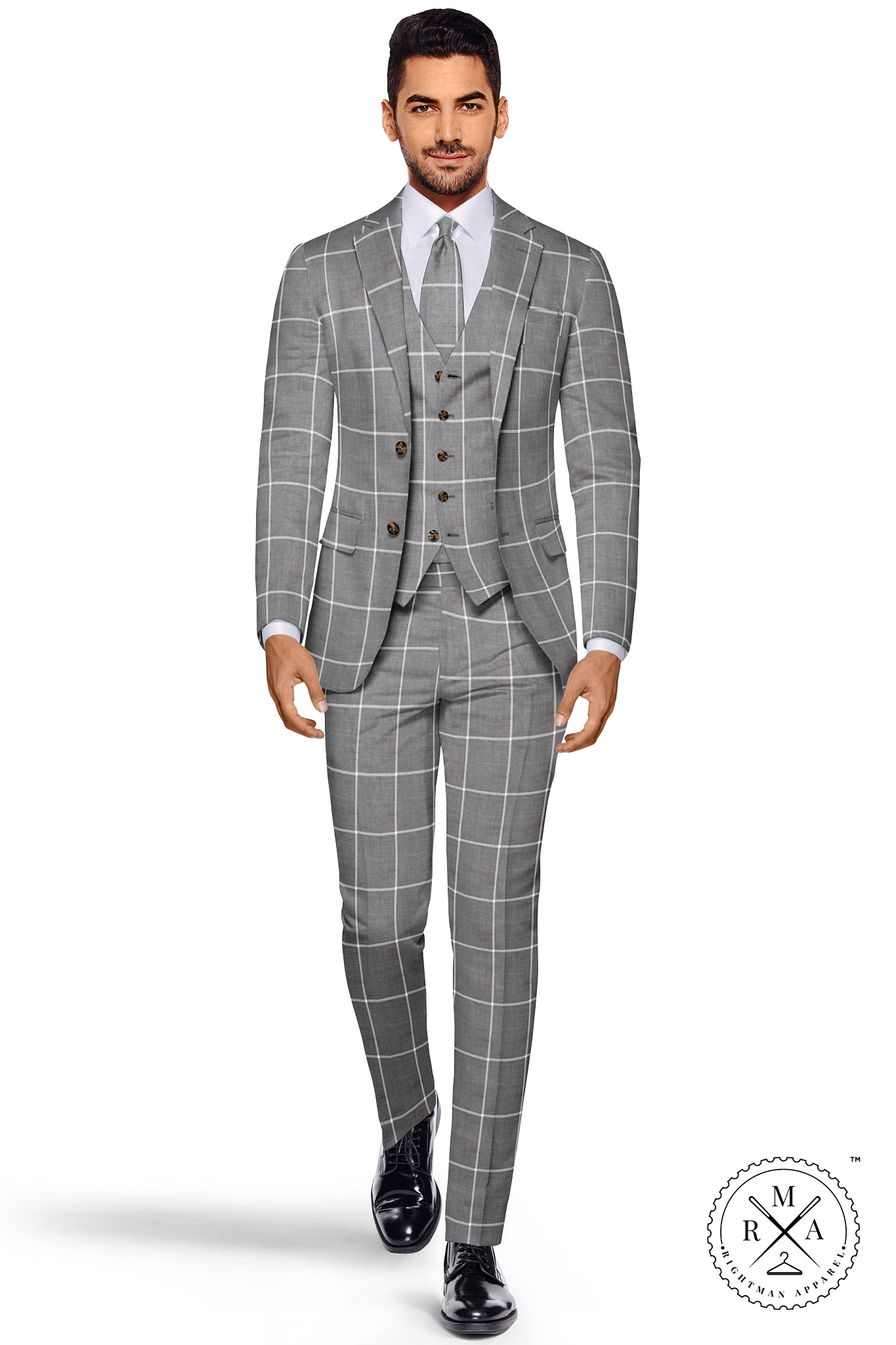 Grey Windowpane Checked TR Three Piece Suit SU42